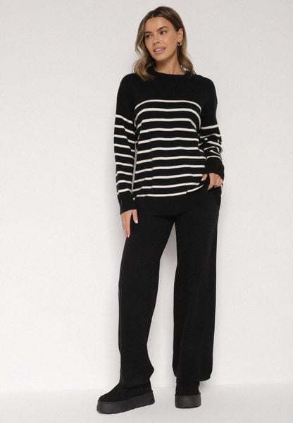 Czarny Komplet z Wełną i Bawełną Sweter w Paski i Szerokie Spodnie Neveena. Czarne swetry nierozpinane damskie Born2be, l, bez wzorów, z bawełny, eleganckie, bez kołnierzyka, bez ramiączek. Za 139.99 zł.