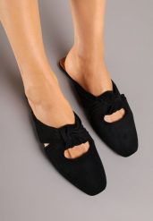 Czarne Klapki Vices Typu Mule z Ozdobnym Supłem Elitina. Czarne klapki damskie Renee, na lato, z aplikacjami, eleganckie, bez obcasa, na płaskiej podeszwie, bez zapięcia. Za 59.99 zł.