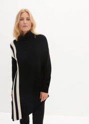 Sweter z dołem wyciętym w szpic. Czarne swetry nierozpinane damskie bonprix, bez wzorów, bez kołnierzyka, bez ramiączek. Za 149.99 zł.