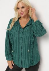 Zielona Koszula z Tkaniny Plumeti Ozdobiona Falbanką Selimina. Zielone koszule damskie Born2be, xl, bez wzorów, z tkaniny, bez kołnierzyka, bez ramiączek. Za 79.99 zł.