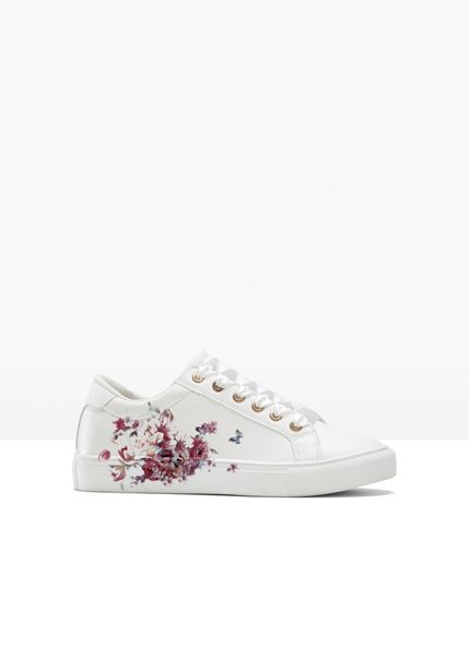 Sneakersy z kwiatowym nadrukiem. Białe obuwie sportowe damskie bonprix, bez wzorów, bez zapięcia. Za 124.99 zł.