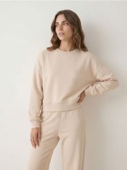 Krótka bluza crewneck - beżowy. Brązowe bluzy damskie Sinsay, l, bez wzorów, bez ramiączek, bez kaptura. Za 49.99 zł.