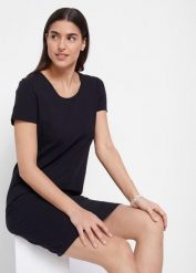 Sukienka T-shirtowa z bawełny organicznej ze stretchem. Czarne sukienki damskie bonprix, bez wzorów, z bawełny, bez kołnierzyka, bez ramiączek. Za 39.99 zł.