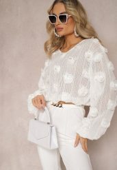 Biała Ażurowa Bluzka w Perły i Ozdobne Kwiaty Panaly. Białe bluzki damskie Renee, w ażurowe wzory, z tkaniny, bez kołnierzyka, bez ramiączek. Za 129.99 zł.