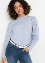 Sweter w ażurowy wzór. Niebieskie swetry nierozpinane damskie bonprix, w ażurowe wzory, bez kołnierzyka, bez ramiączek. Za 134.99 zł.