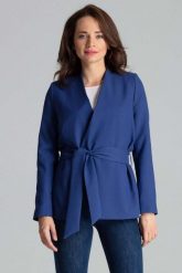 Szafirowy Stylowy Żakiet bez Zapięcia z Wiązanym Paskiem. Niebieskie marynarki i żakiety damskie Katrus, bez wzorów, z materiału, eleganckie, bez kołnierzyka, bez ramiączek. Za 299.00 zł.