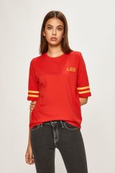 LEE GRAPHIC TEE DAMSKI T-SHIRT KOSZULKA LOGO BRIGHT RED L44SWMEF 112109981. Czerwone bluzki damskie Lee, l, bez wzorów, bez kołnierzyka, bez ramiączek. W wyprzedaży za 39.99 zł.