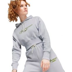 Bluza z kapturem Puma Classics Relaxed Cropped, Kobiety. Szare bluzy damskie Puma, s, bez wzorów, z bawełny, sportowe, bez ramiączek, z kapturem. Za 290.00 zł.