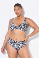 Damski Top od bikini miękkie miseczki wzór w panterkę drapowanie. Białe stroje kąpielowe damskie Ulla Popken, plus size, bez wzorów, z elastanu. Za 111.99 zł.