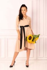 Kamelowa Rozkloszowana Sukienka Zapinana na Guziki. Białe sukienki damskie Merribel, s, bez wzorów, z materiału, wizytowe, bez kołnierzyka, bez ramiączek, rozkloszowane. Za 187.90 zł.