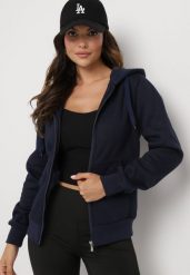 Granatowa Klasyczna Rozpinana Bluza z Bawełną i Kapturem Arfenia. Niebieskie bluzy damskie Born2be, l, bez wzorów, z bawełny, klasyczne, bez ramiączek. Za 69.99 zł.