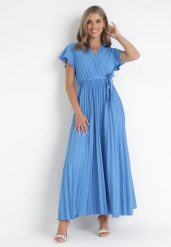 Niebieska Elegancka Sukienka Maxi w Plisy z Kopertowym Dekoltem i Wiązaniem Thessi. Niebieskie sukienki damskie Born2be, na lato, m, bez wzorów, eleganckie, bez kołnierzyka, bez ramiączek, maxi, kopertowe. Za 59.99 zł.