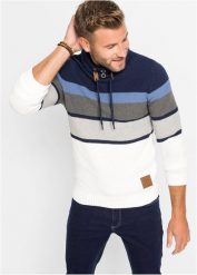 Sweter z grubej dzianiny, z kołnierzem kominem, z czystej bawełny. Niebieskie swetry męskie bonprix, m, bez wzorów, z bawełny, bez kołnierzyka, bez ramiączek. Za 149.99 zł.