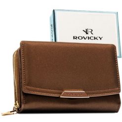 Brązowy portfel damski ze skóry ekologicznej wyposażony w system RFID - Rovicky. Brązowe portfele damskie ROVICKY, ze skóry ekologicznej. Za 79.99 zł.