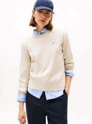 Tommy Hilfiger Sweter z dzianiny Kobiety Bawełna beżowy, XL. Brązowe swetry nierozpinane damskie Tommy Hilfiger, xl, bez wzorów, z bawełny, eleganckie, bez kołnierzyka, bez ramiączek. Za 379.95 zł.