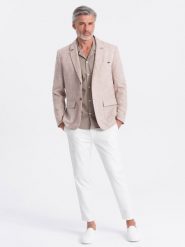 Męska marynarka o kroju REGULAR z lnem - jasnobeżowa V2 OM-BLZB-0128 - XXL. Brązowe garnitury męskie Ombre Clothing, l, bez wzorów, z materiału, biznesowe. W wyprzedaży za 249.99 zł.