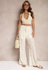 Beżowe Spodnie High Waist o Ażurowym Wykończeniu z Gumką w Talii Gralefia. Brązowe spodnie materiałowe damskie Renee, w ażurowe wzory, z jeansu, z podwyższonym stanem. Za 129.99 zł.
