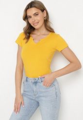 Żółty T-shirt z Bawełny z Guzikami Liseriana. Żółte t-shirty damskie Born2be, s, bez wzorów, z bawełny, klasyczne, bez kołnierzyka, bez ramiączek. Za 29.99 zł.