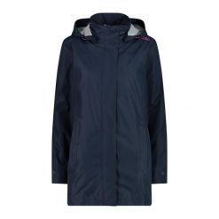 Kurtka przeciwdeszczowa damska z kapturem na napy CMP. Niebieskie kurtki sportowe damskie CMP, bez wzorów, z puchu, bez ramiączek, z kapturem, trekkingowe. Za 340.00 zł.