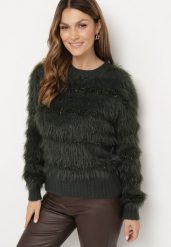 Ciemnozielony Puchaty Sweter z Wełną i Ściągaczami Exenevia. Zielone swetry nierozpinane damskie Born2be, na zimę, bez wzorów, z wełny, bez kołnierzyka, bez ramiączek. Za 74.99 zł.