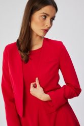 Czerwona Nowoczesna Krótka Marynarka Damska. Czerwone marynarki i żakiety damskie MOE, bez wzorów, z elastanu, bez kołnierzyka, bez ramiączek. Za 329.90 zł.