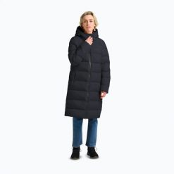 Płaszcz puchowy damski Jack Wolfskin Frozen Palace Coat. Niebieskie płaszcze damskie Jack Wolfskin, l, bez wzorów, z materiału, bez kołnierzyka, bez kaptura. Za 1,439.00 zł.