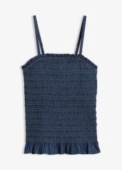 Jeansowy top na cienkich ramiączkach z bawełny organicznej. Niebieskie topy damskie bonprix, bez wzorów, z bawełny, bez kołnierzyka, bez ramiączek. Za 54.99 zł.