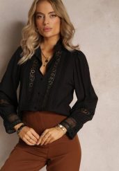 Czarna Koszula ze Stójką i Koronką Phaeninca. Czarne koszule damskie Renee, l, bez wzorów, z koronki, eleganckie, bez kołnierzyka, bez ramiączek. Za 129.99 zł.