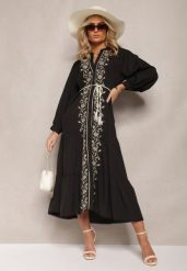 Czarna Midi Sukienka o Trapezowym Kroju z Ozdobnymi Haftami w Stylu Boho Tactila. Czarne sukienki damskie Renee, na jesień, m, bez wzorów, boho, bez kołnierzyka, bez ramiączek, midi, rozkloszowane. Za 169.99 zł.