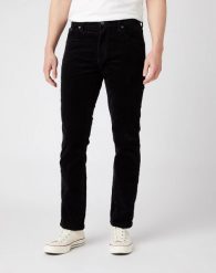 MĘSKIE SPODNIE SZTRUKSOWE WRANGLER TEXAS SLIM BLACK W12SEC100 112141146. Czarne spodnie materiałowe męskie Wrangler, z aplikacjami, z bawełny. Za 199.99 zł.