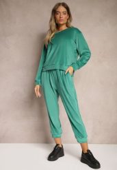Zielony Komplet Dresowy z Weluru Luźna Bluza z Dekoltem w V i Elastyczne Spodnie z Kieszeniami Esparkia. Zielone bluzy damskie Renee, l, bez wzorów, z dresówki, bez ramiączek, bez kaptura. Za 89.99 zł.