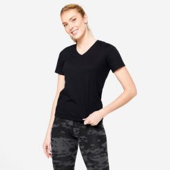 Koszulka z krótkim rękawem damska Domyos Gym & Pilates. Czarne bluzki damskie NYAMBA, s, bez wzorów, z bawełny, sportowe, bez kołnierzyka, bez ramiączek. Za 39.99 zł.