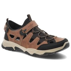 Brązowe Sandały Rieker Eleganckie Obuwie Męskie. Brązowe sandały męskie Rieker, na lato, bez wzorów, z materiału, eleganckie, bez zapięcia. Za 399.00 zł.