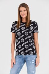 JUST CAVALLI Czarny t-shirt R Logo Tigre. Czarne t-shirty damskie Just Cavalli, s, bez wzorów, bez kołnierzyka, bez ramiączek. W wyprzedaży za 329.99 zł.