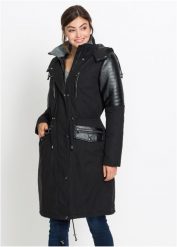 Długa parka z wstawkami ze sztucznej skóry. Czarne parki damskie bonprix, bez wzorów, ze skóry, z kapturem. Za 329.99 zł.
