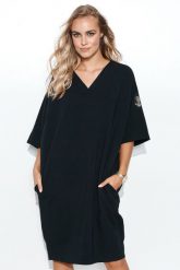 Oversizowa Sukienka w Serek z Dzianiny Dresowej - Czarna. Czarne sukienki damskie Makadamia, l, bez wzorów, z bawełny, bez kołnierzyka, bez ramiączek. Za 249.90 zł.