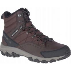Byty trekkingowe dla mężczyzn Merrel Akita Mid WP. Brązowe buty zimowe męskie Merrell, bez wzorów, bez obcasa, bez zapięcia. Za 499.99 zł.