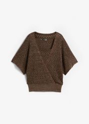 Sweter ażurowy z połyskiem. Brązowe swetry nierozpinane damskie bonprix, w ażurowe wzory, bez kołnierzyka, bez ramiączek. Za 124.99 zł.