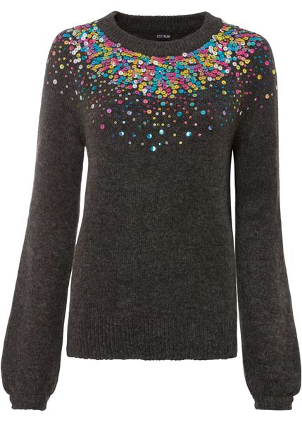 Sweter z kolorowymi cekinami. Brązowe swetry nierozpinane damskie bonprix, bez wzorów, eleganckie, bez kołnierzyka, bez ramiączek. Za 149.99 zł.