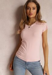 Jasnoróżowy T-shirt Ariema. Czerwone t-shirty damskie Renee, l, bez wzorów, z dzianiny, bez kołnierzyka, bez ramiączek. Za 24.99 zł.