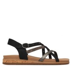 Sandały Skechers. Czarne sandały damskie Skechers, bez wzorów, bez obcasa, na płaskiej podeszwie, bez zapięcia. Za 229.99 zł.