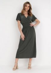 Ciemnozielona Sukienka Damones. Zielone sukienki damskie Born2be, na co dzień, na lato, l, bez wzorów, bez kołnierzyka, bez ramiączek, midi, kopertowe. Za 54.99 zł.