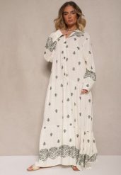 Biało-Zielona Rozkloszowana Sukienka Ozdobiona Haftem i Wzorem Boho Ronavere. Białe sukienki damskie Renee, na co dzień, na lato, l, bez wzorów, boho, bez kołnierzyka, bez ramiączek, maxi, kopertowe. Za 159.99 zł.