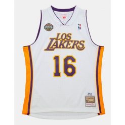 Koszulka NBA Los Angeles Lakers Pau Gasol 2008. Białe bluzki damskie Mitchell & Ness, bez wzorów, sportowe, bez kołnierzyka, bez ramiączek. W wyprzedaży za 399.00 zł.