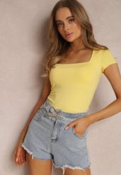 Żółta Bluzka Lithishis. Żółte bluzki damskie Renee, l, bez wzorów, z dzianiny, bez kołnierzyka, bez ramiączek. Za 54.99 zł.