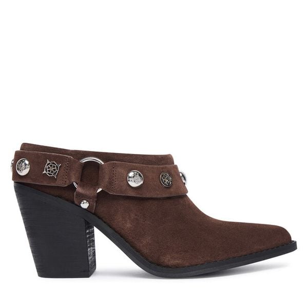 Klapki Guess. Brązowe klapki damskie Guess, z aplikacjami, bez obcasa, bez zapięcia. Za 607.99 zł.