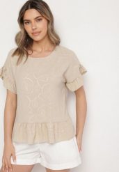 Beżowa Bluzka o Kroju Oversize z Falbanami Livelle. Brązowe bluzki damskie Born2be, uniwersalny, bez wzorów, z jeansu, bez kołnierzyka, bez ramiączek. Za 59.99 zł.