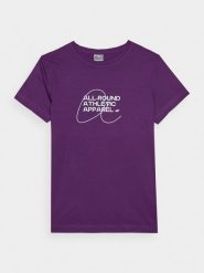 4F T-shirt slim z nadrukiem damski - fioletowy XS. Fioletowe t-shirty damskie 4F, xs, bez wzorów, z bawełny, klasyczne, bez kołnierzyka, bez ramiączek. Za 29.99 zł.