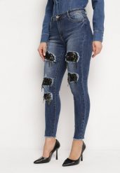 Granatowe Jeansy Skinny z Dziurami Ozdobionymi Cyrkoniami Neeron. Niebieskie jeansy damskie Born2be, bez wzorów, z jeansu. Za 64.99 zł.