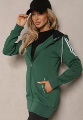 Zielona Długa Bluza z Kapturem Linithra. Zielone bluzy damskie Renee, l, bez wzorów, z materiału, sportowe, bez ramiączek, z kapturem. Za 54.99 zł.